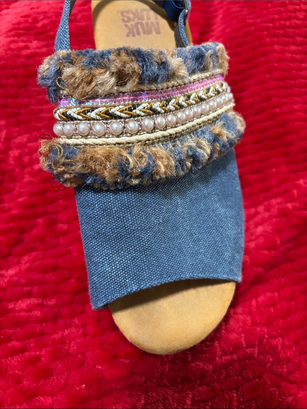 Muk Luks Blue Denim Embellished Wedge Sandals - Picture 4 of 7